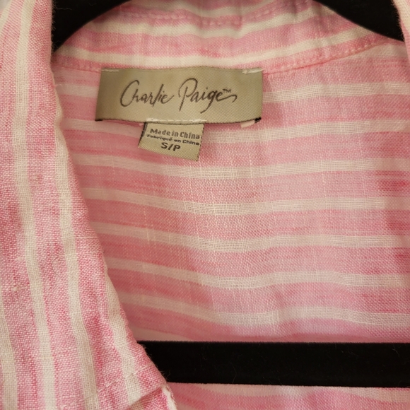 Pink & white striped light linen Charlie Paige pop over top with button back - Picture 5 of 7